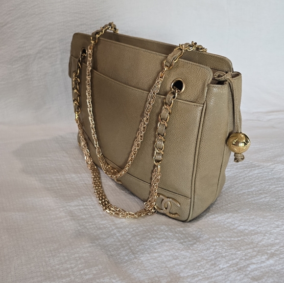 Chanel Caviar Leather Tripple CC Tote Bag Purse Beige 24K Vintage Coco Mark Gold - Picture 16 of 17